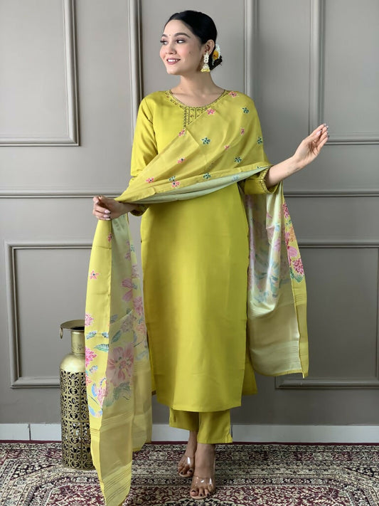 Lemon Viscose chanderi Stitched Suit With Dupatta - Tanisha | Swadesiicart