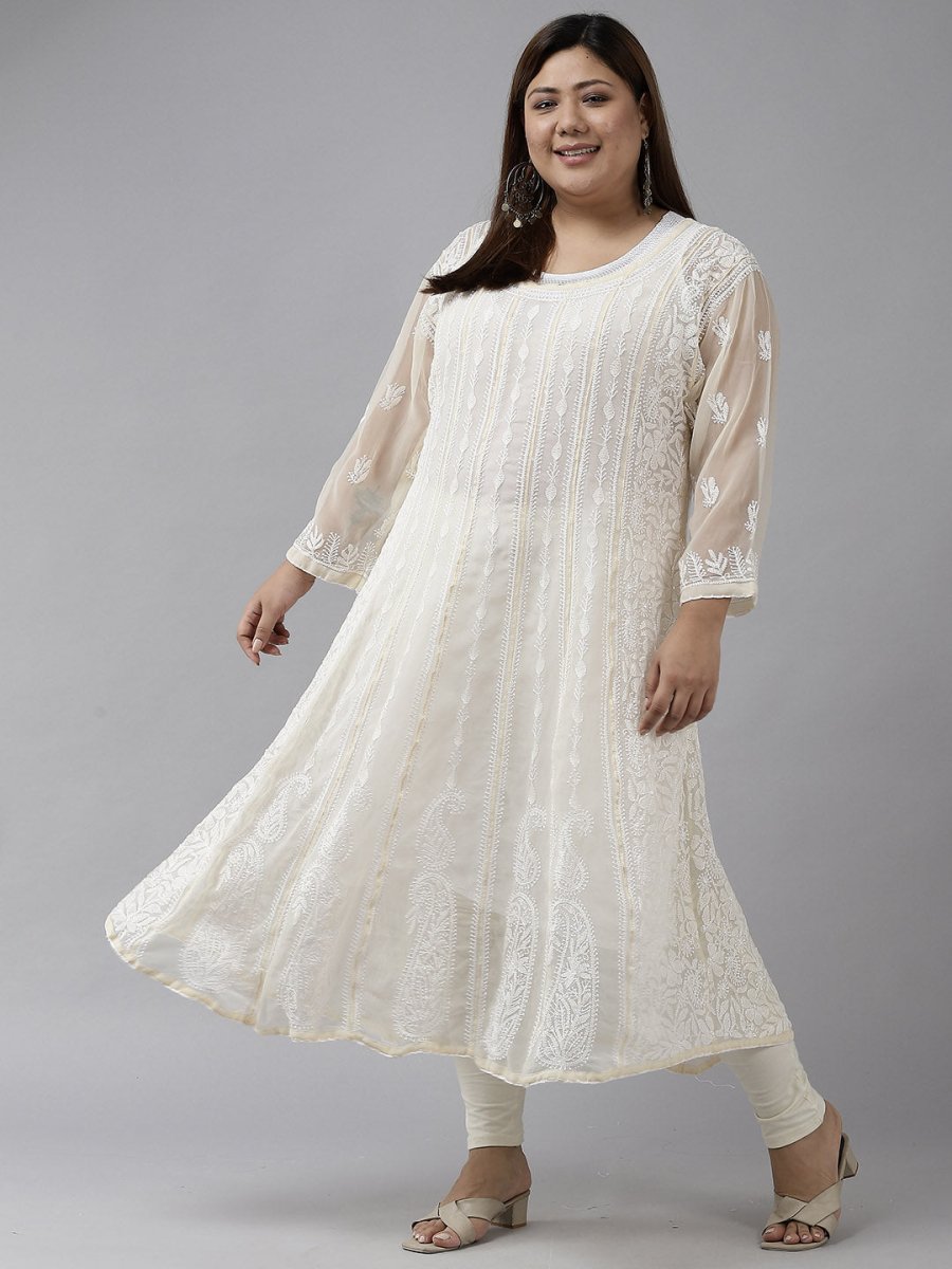 ADA Women Beige Ethnic Motifs Plus Size Chikankari Georgette Anarkali Kurta | Swadesiicart
