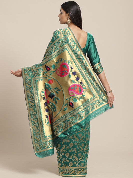 Saree Mall Teal Green & Golden Woven Design Banarasi Saree | Swadesiicart