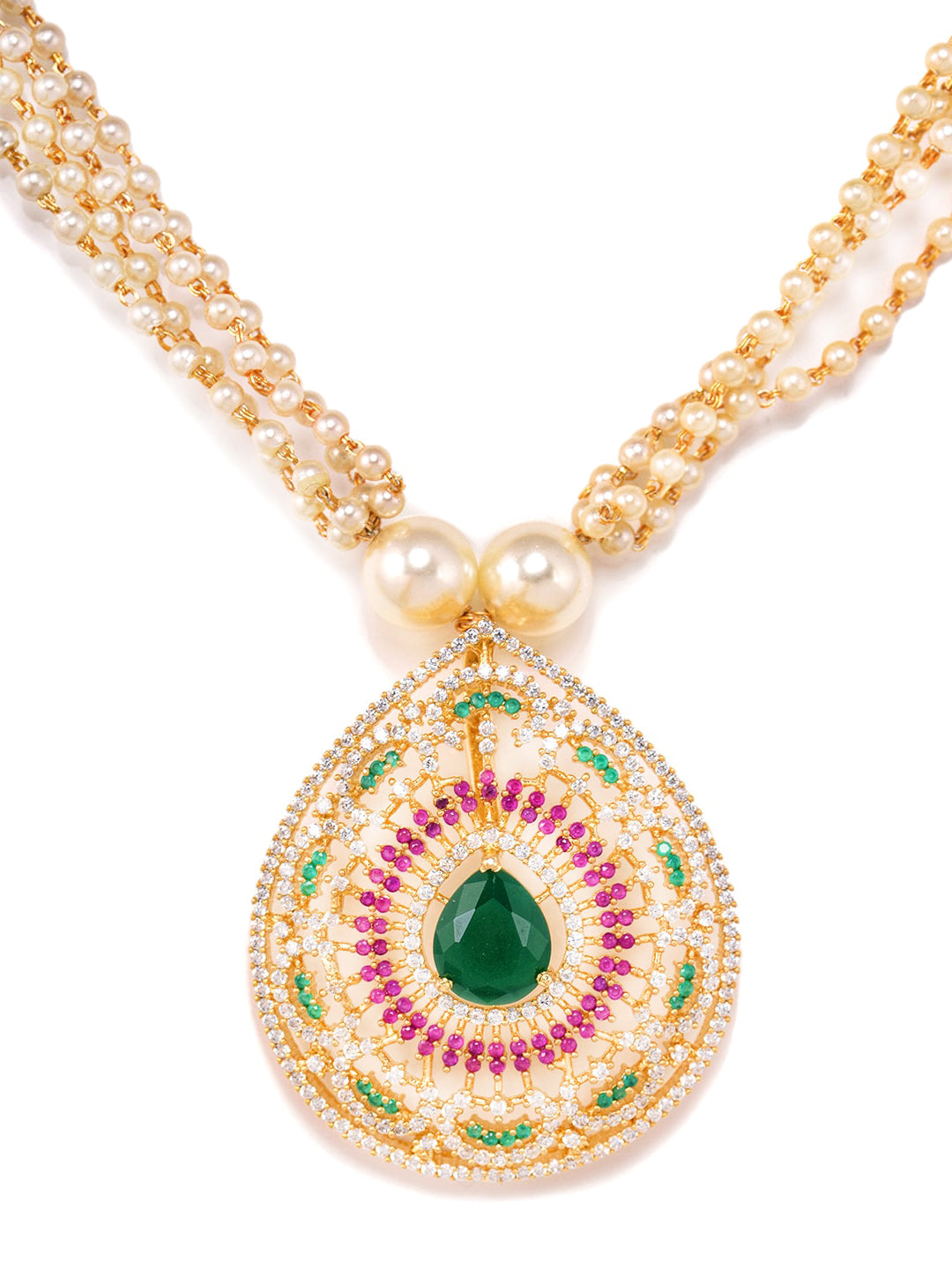 Saraf RS Jewellery Women Gold-Polished Multi Coloured AD Studded Pearl Mala & Earrings Set - Swadesiicart