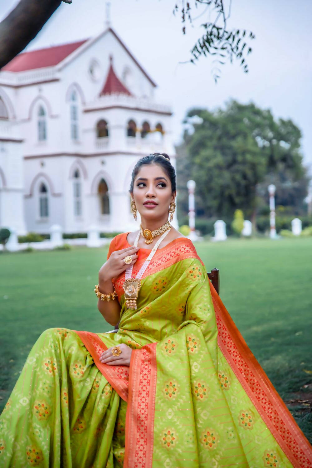 Vishnu Weaves Women's Lime Green Patola Banarasi Silk Meenakari Zari Woven Saree with Blouse - Swadesiicart