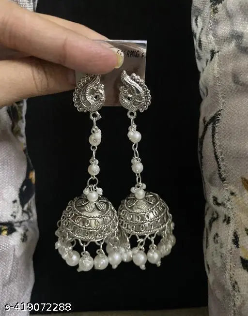 Tehzeeb Creations Women's Silver Colour Oxidised Peacock Design Earrings With White Pearl | Swadesiicart