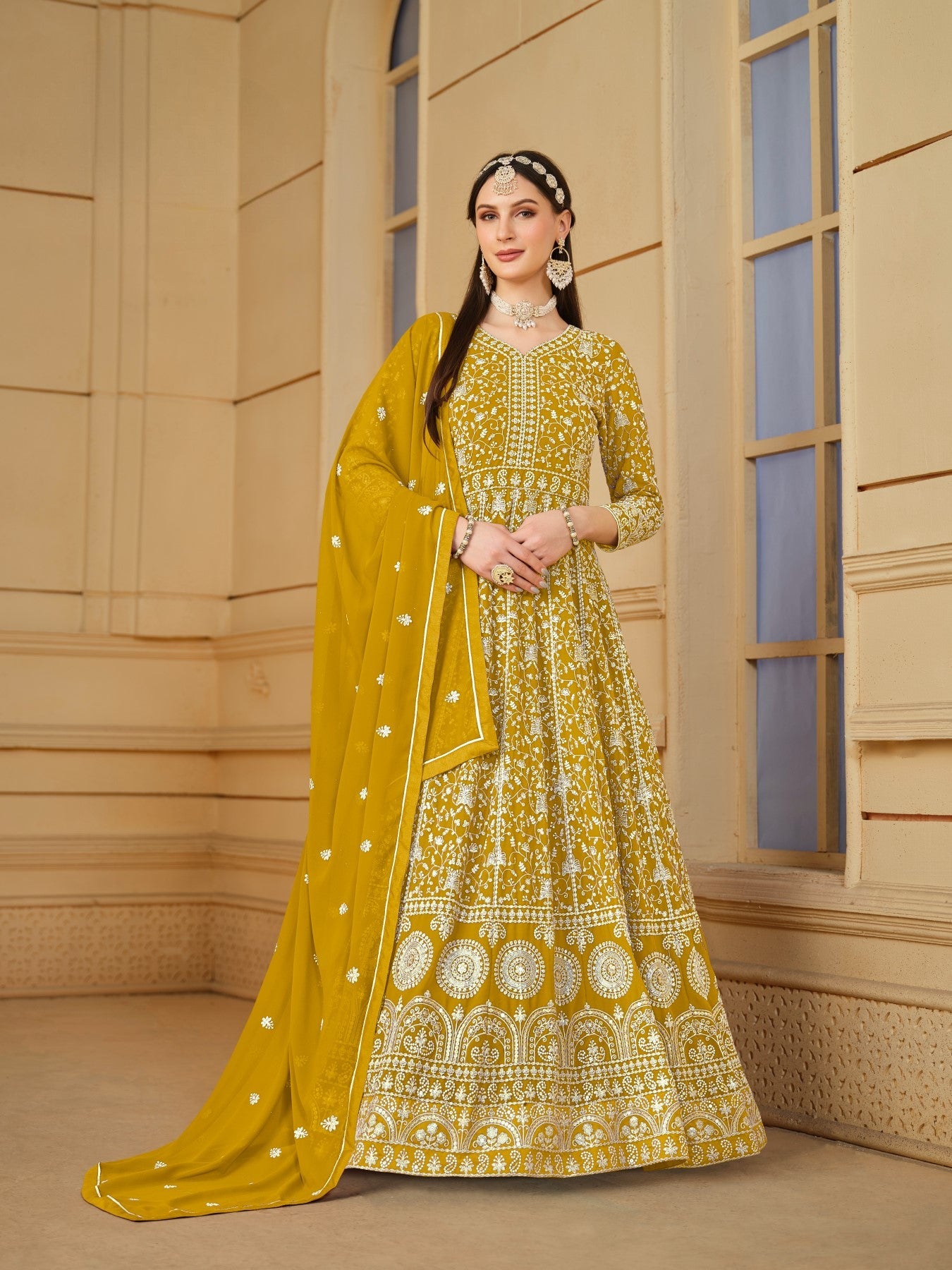 Anaita Yellow Embroidered Faux Georgette Anarkali Suit