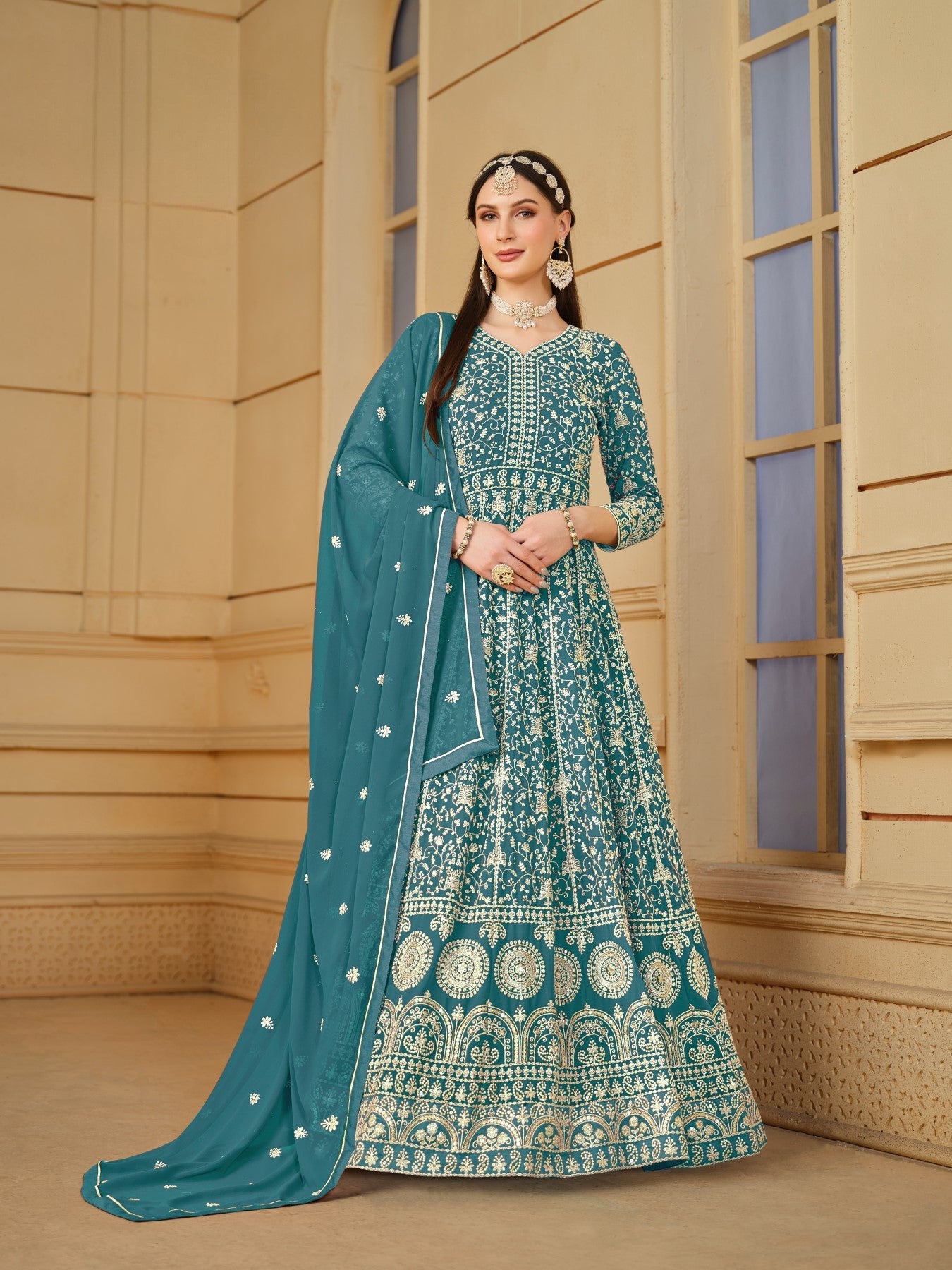 Anaita Yellow Embroidered Faux Georgette Anarkali Suit