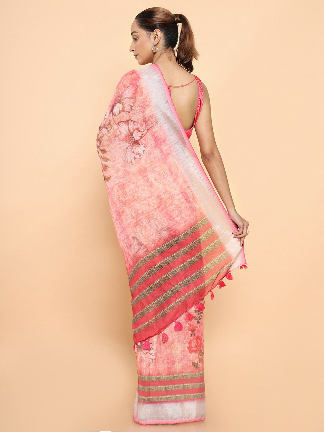 Soch Pink & Grey Floral Zari Pure Linen Ready to Wear Saree | Swadesiicart