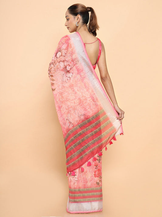 Soch Pink & Grey Floral Zari Pure Linen Ready to Wear Saree | Swadesiicart