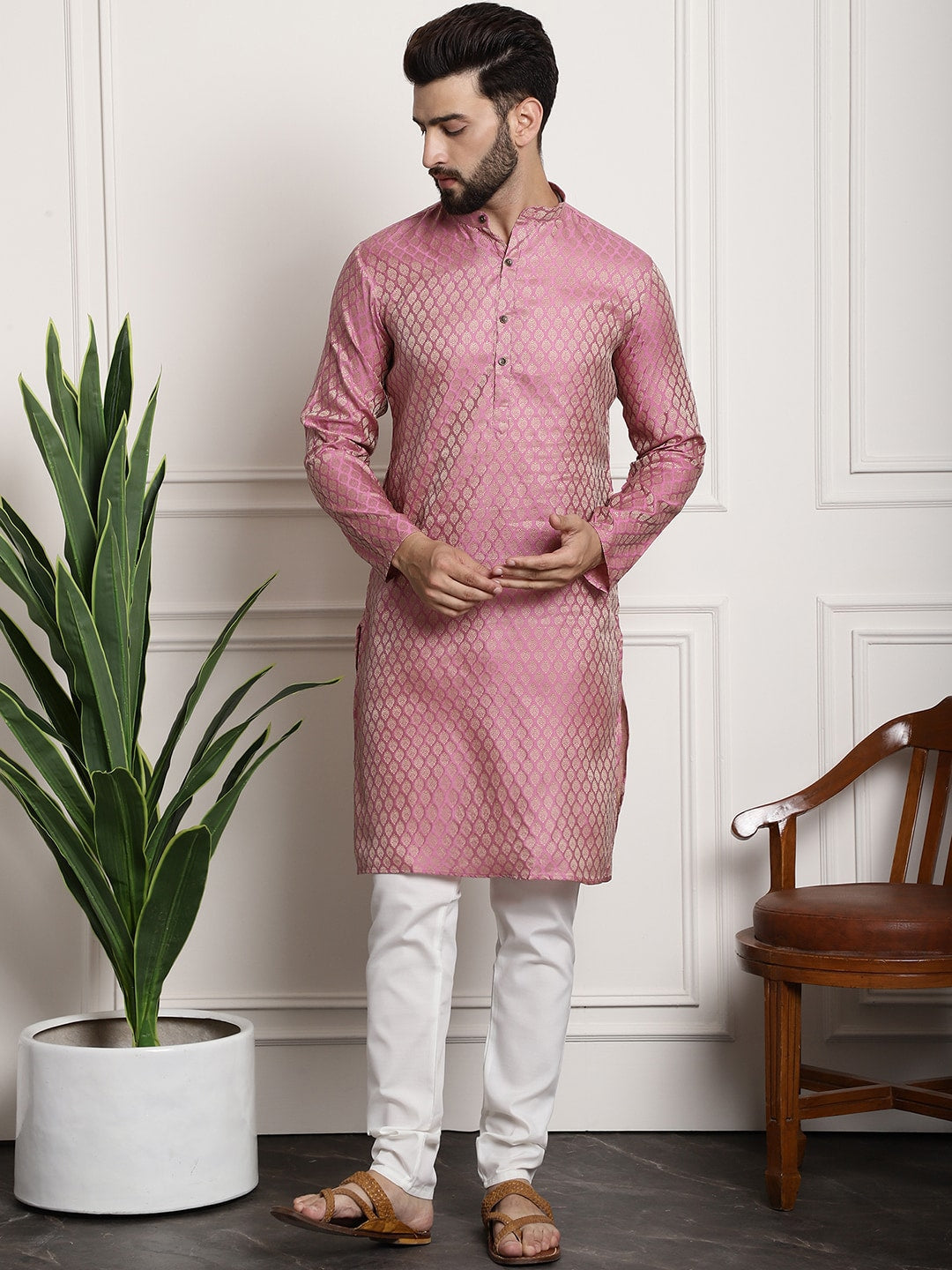 Sojanya Woven Design Mandarin Collar Kurta with Churidar & Nehru Jacket | Swadesiicart