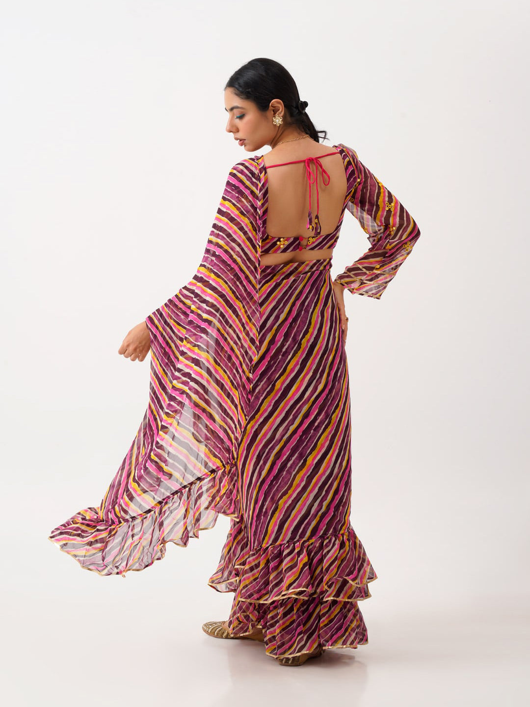 Tikhi Imli Brown Striped Ruffled Ready To Wear Saree | Swadesiicart