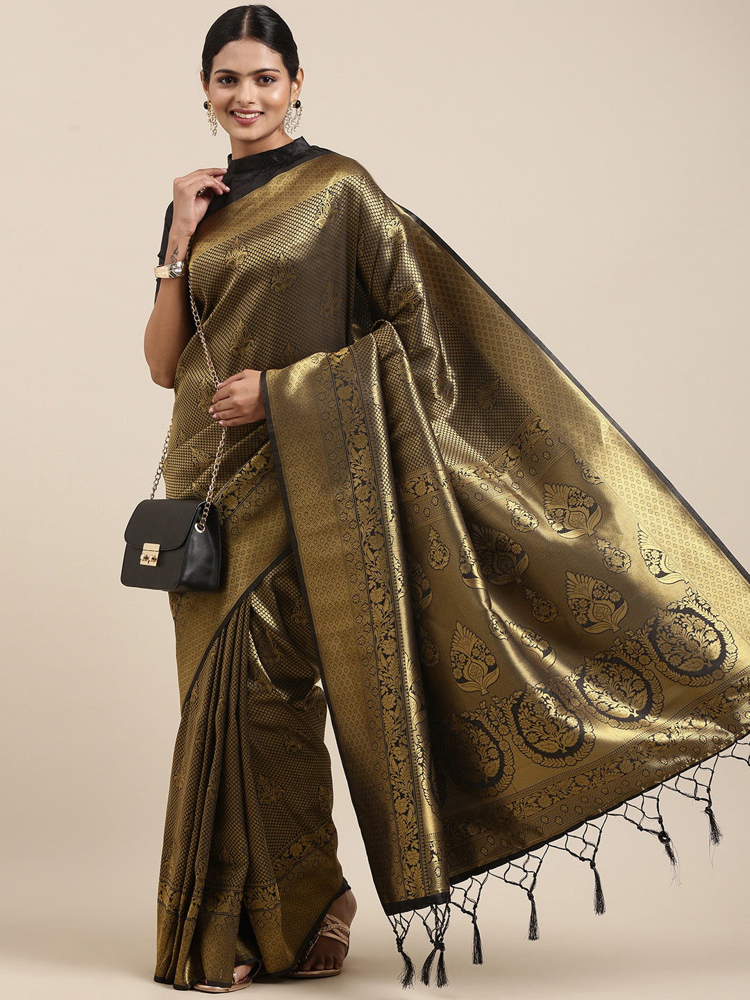 Saree Mall Black & Gold-Toned Ethnic Motifs Zari Silk Blend Banarasi Saree | Swadesiicart