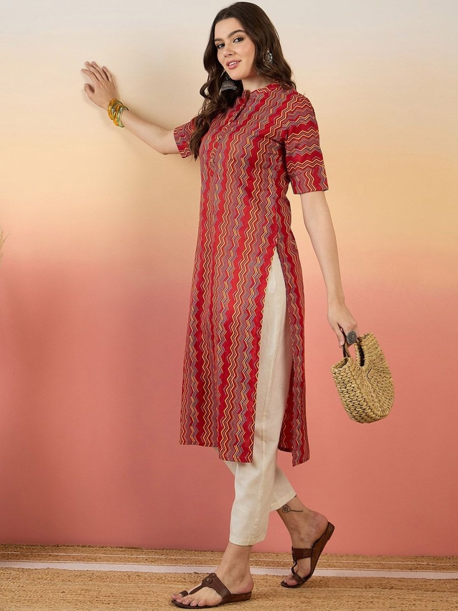 Anouk Red Chevron Printed Mandarin Collar Short Sleeves Cotton Kurta - Swadesiicart