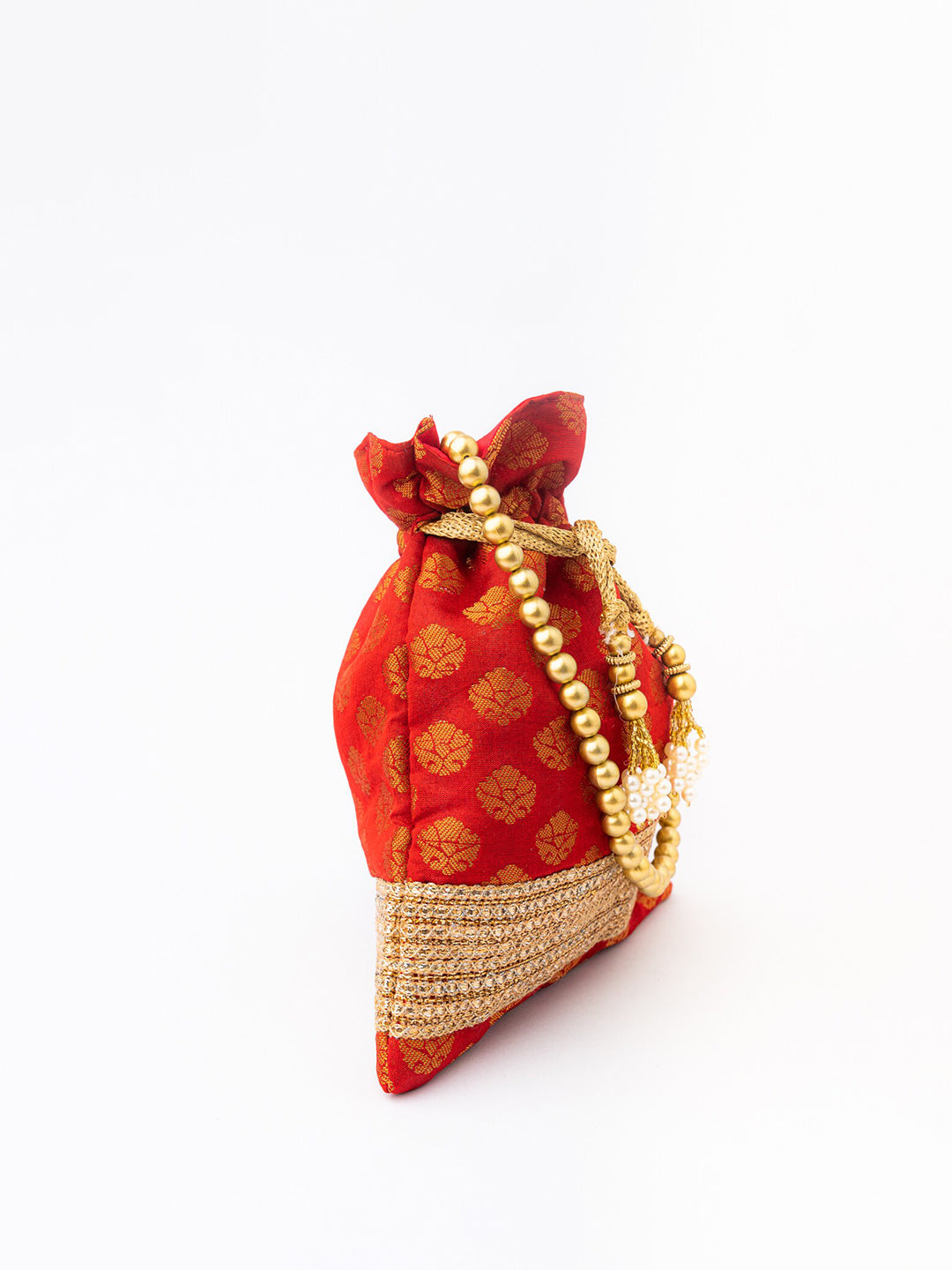 NR By Nidhi Rathi Red & Gold-Toned Embroidered Potli Clutch - Swadesiicart
