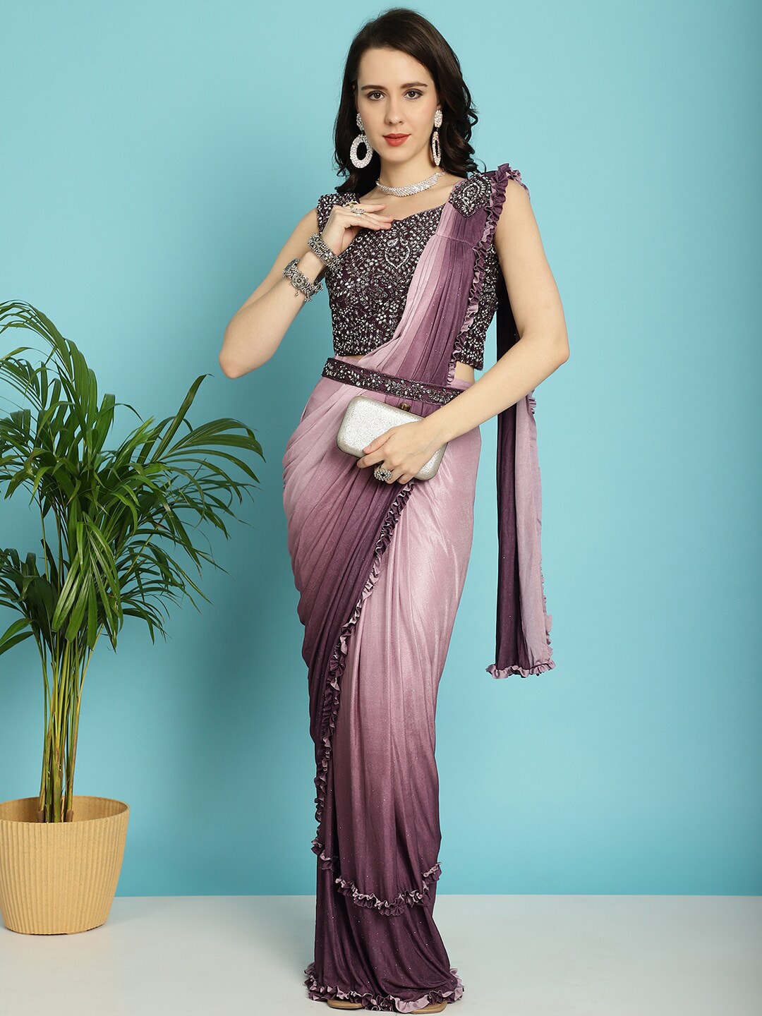 Mitera Maroon Ombre Dyed Ready to Wear Saree | Swadesiicart