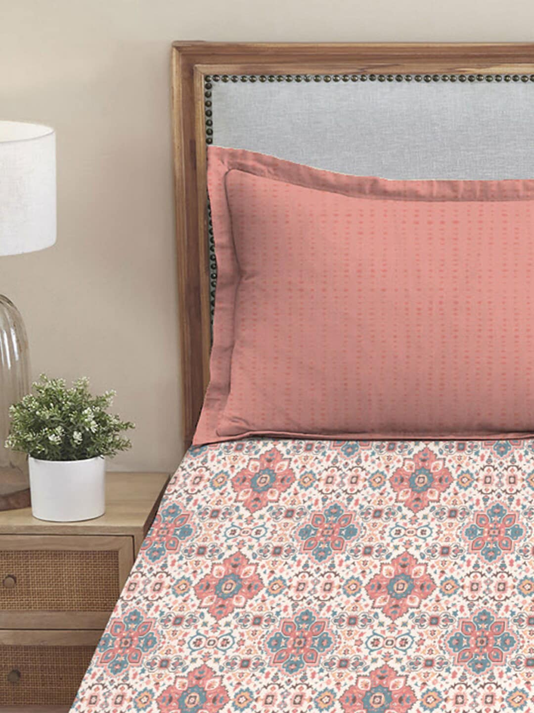 MYTRIDENT Dusk and Dawn Pink Ethnic Motifs Cotton 144 TC Single Bedsheet with 1 Pillow Cover - Swadesiicart