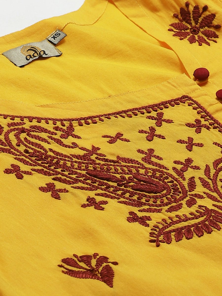 ADA Women Yellow & Maroon Paisley Chikankari Embroidered Sustainable Handloom Kurta with Trousers | Swadesiicart