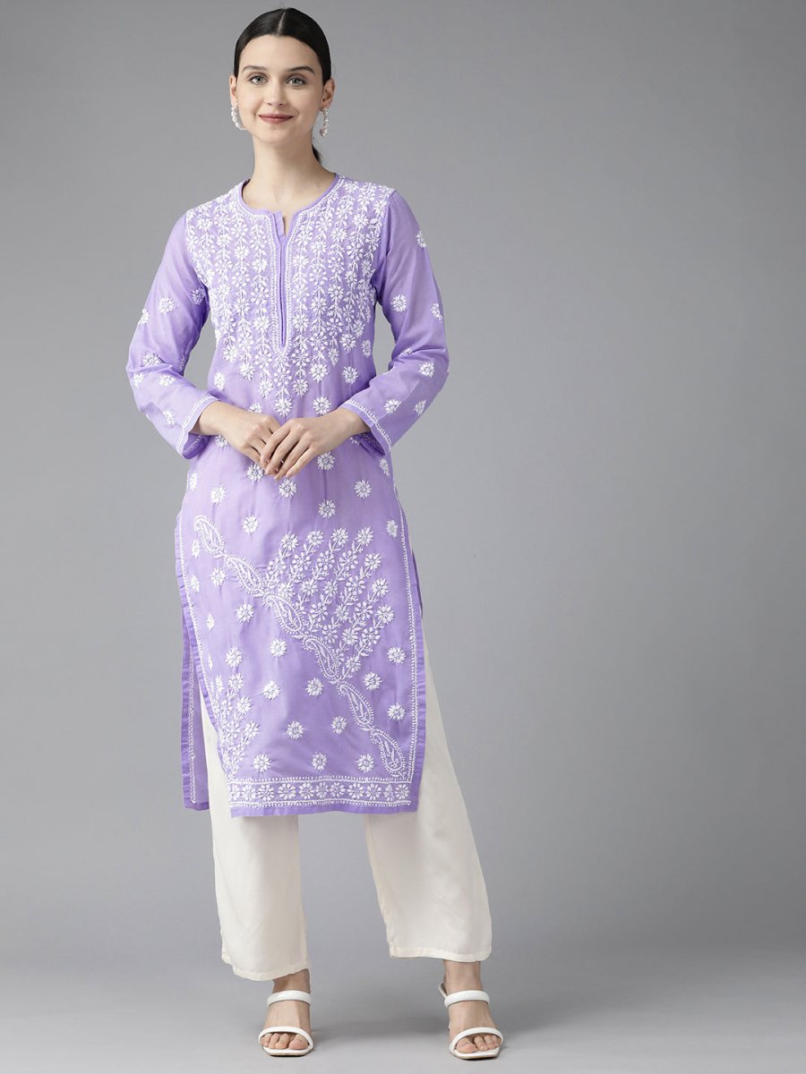 ADA Women Mauve & White Ethnic Motifs Embroidered Chikankari Kurta | Swadesiicart