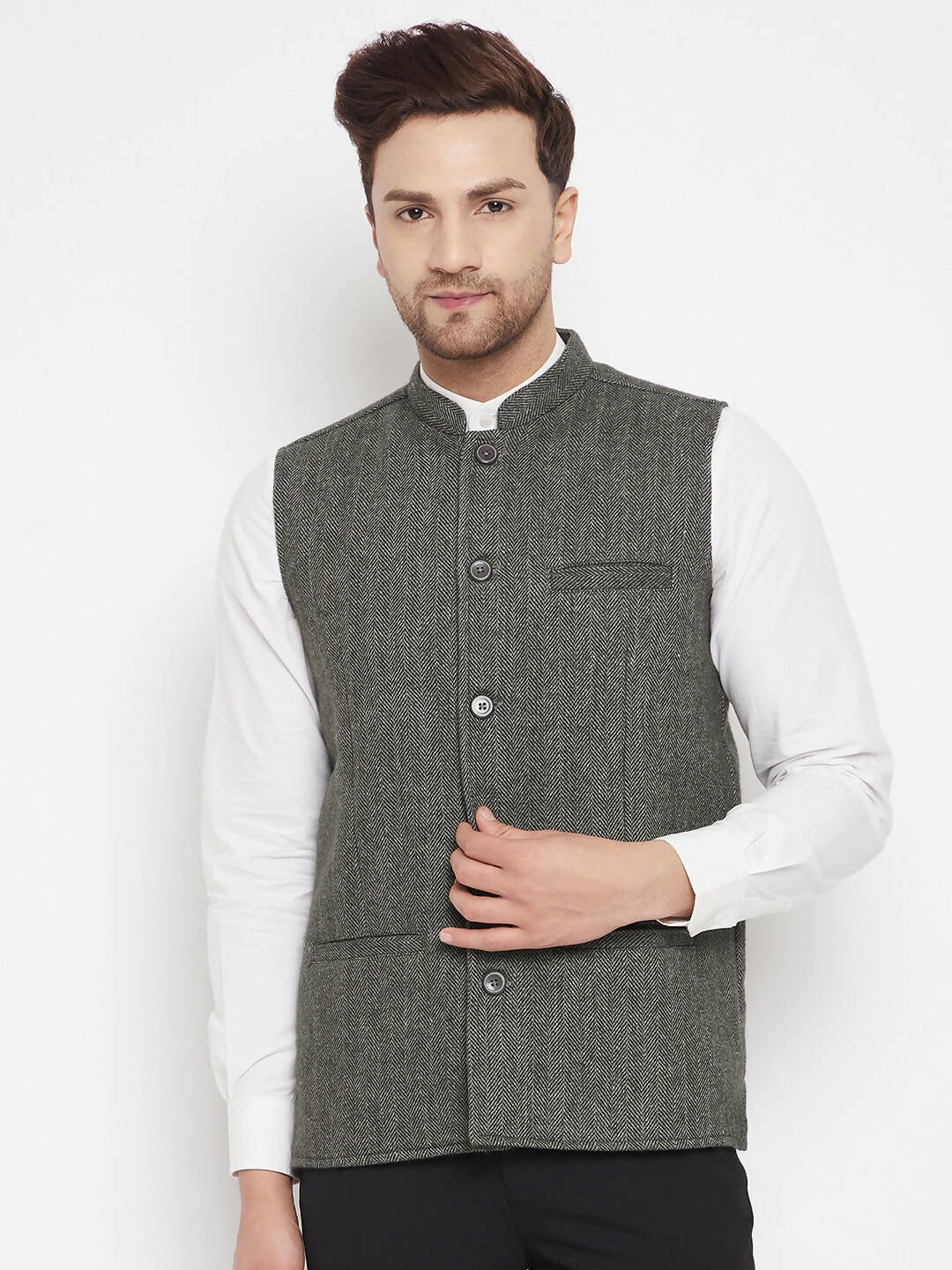 Even Apparels Green Wool Men Woven Nehru Jacket | Swadesiicart