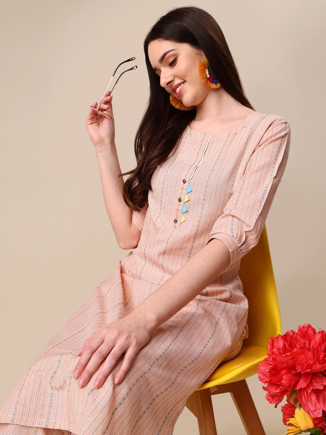 Kalini Women Woven Striped Thread Work Kurta with Trousers - Swadesiicart
