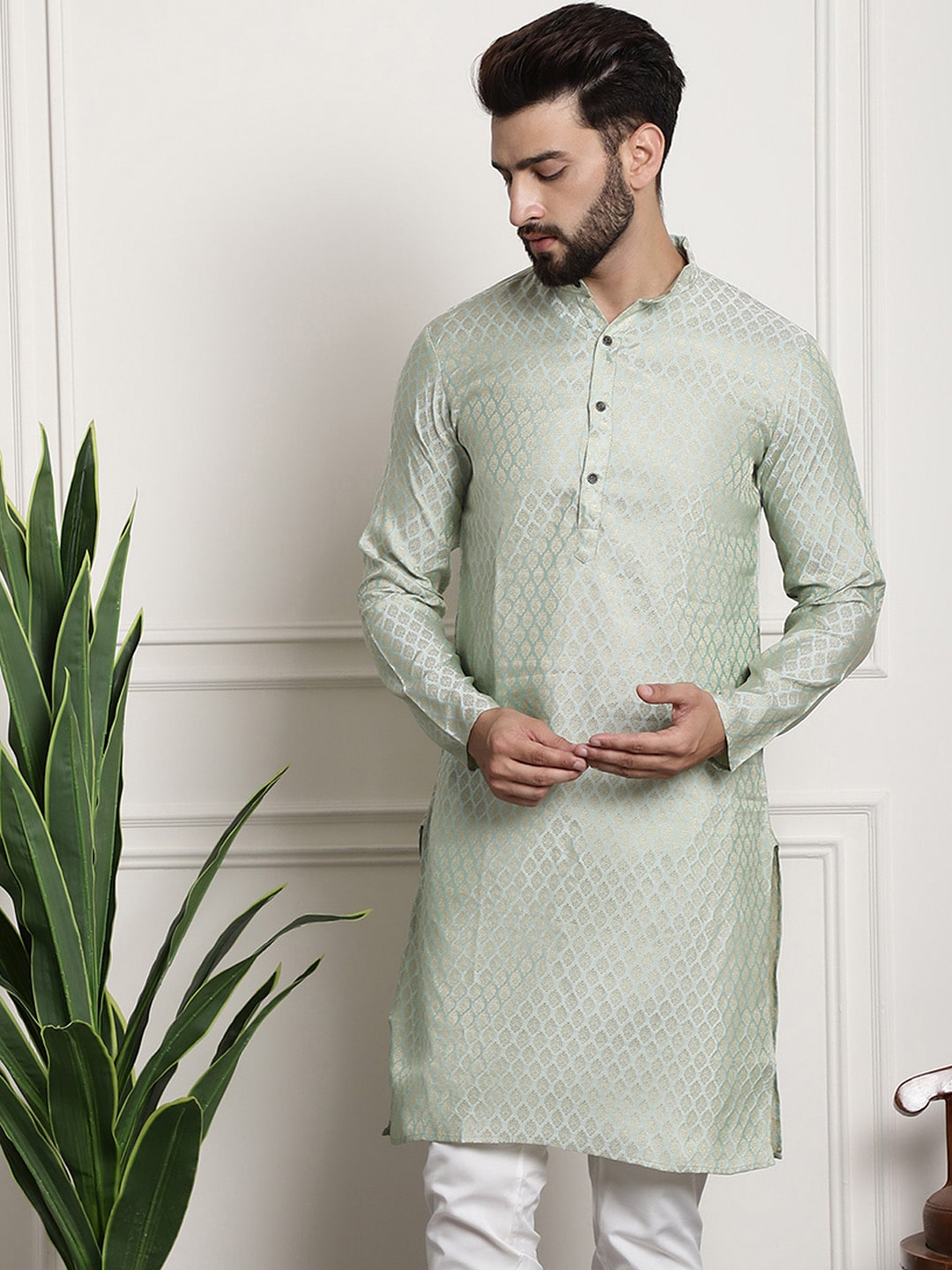 Sojanya Men Green & Beige Ethnic Motifs Jacquard Woven Design Straight Kurta | Swadesiicart
