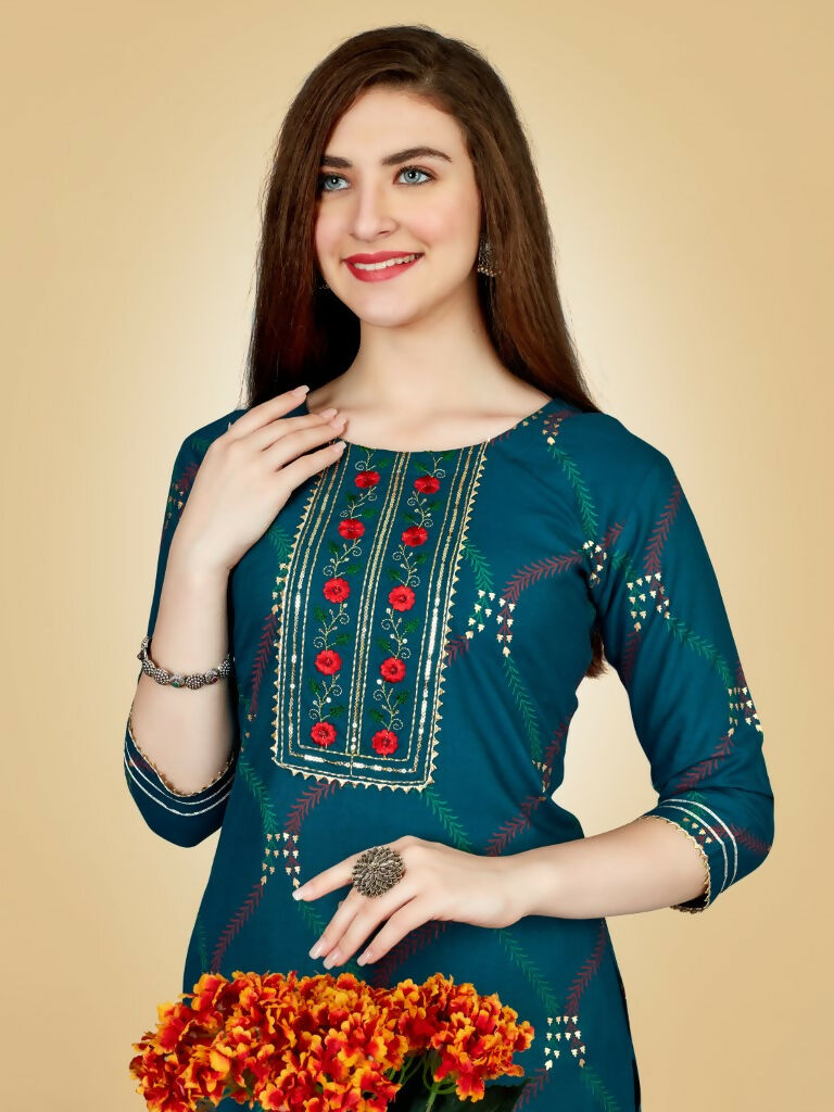 Jyoti Fashion Women's Teal Viscose Rayon Embroidered Kurta Pant Set | Swadesiicart