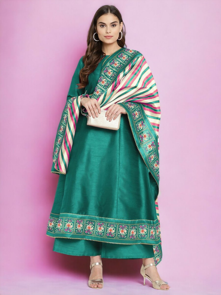Ahalyaa Women Sea Green Printed Gotta Patti Kurti with Palazzos & Dupatta - Sea Green | Swadesiicart