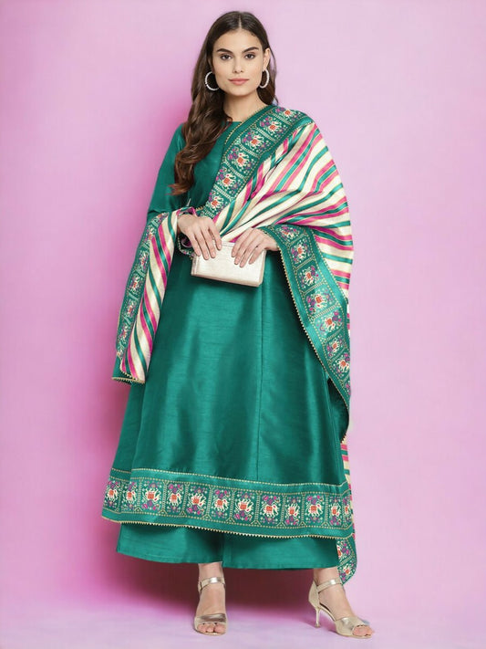 Ahalyaa Women Sea Green Printed Gotta Patti Kurti with Palazzos & Dupatta - Sea Green | Swadesiicart