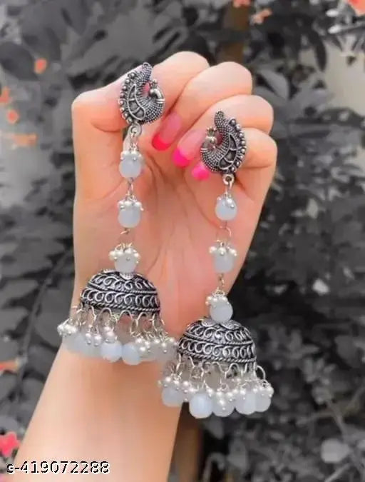 Tehzeeb Creations Women's Silver Colour Oxidised Peacock Design Earrings With White Pearl | Swadesiicart
