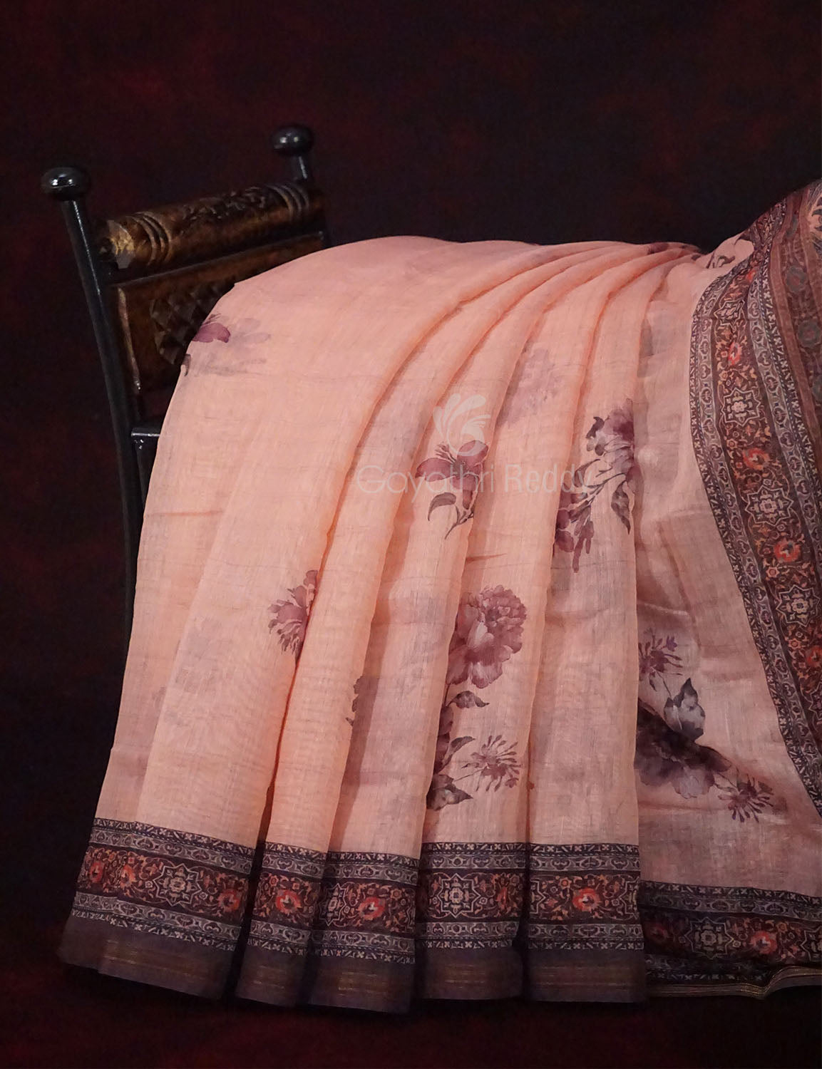 Light Peach Colour Printed Semi Chanderi Saree By Gayathri Reddy Designer Studio | Swadesiicart