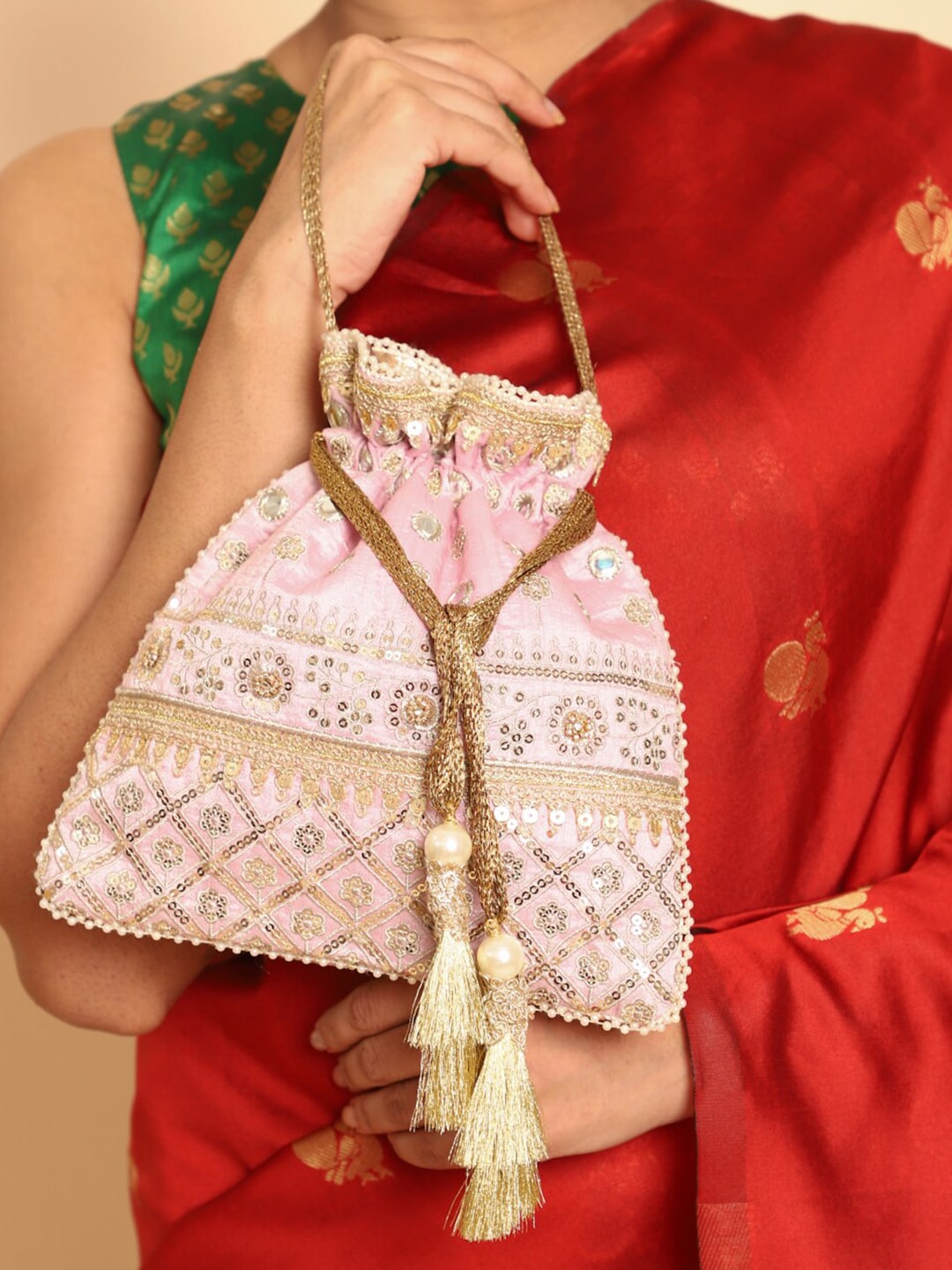 Masq Pink & Gold-Toned Embellished Potli Clutch - Swadesiicart