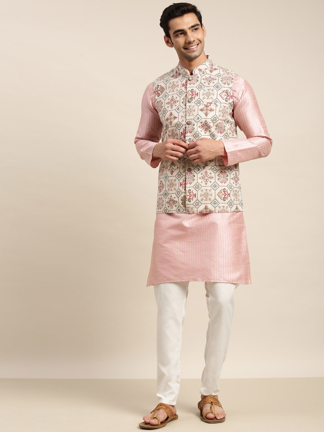 Sojanya Men Pink Solid Kurta & Churidar Comes With a Nehru Jacket | Swadesiicart