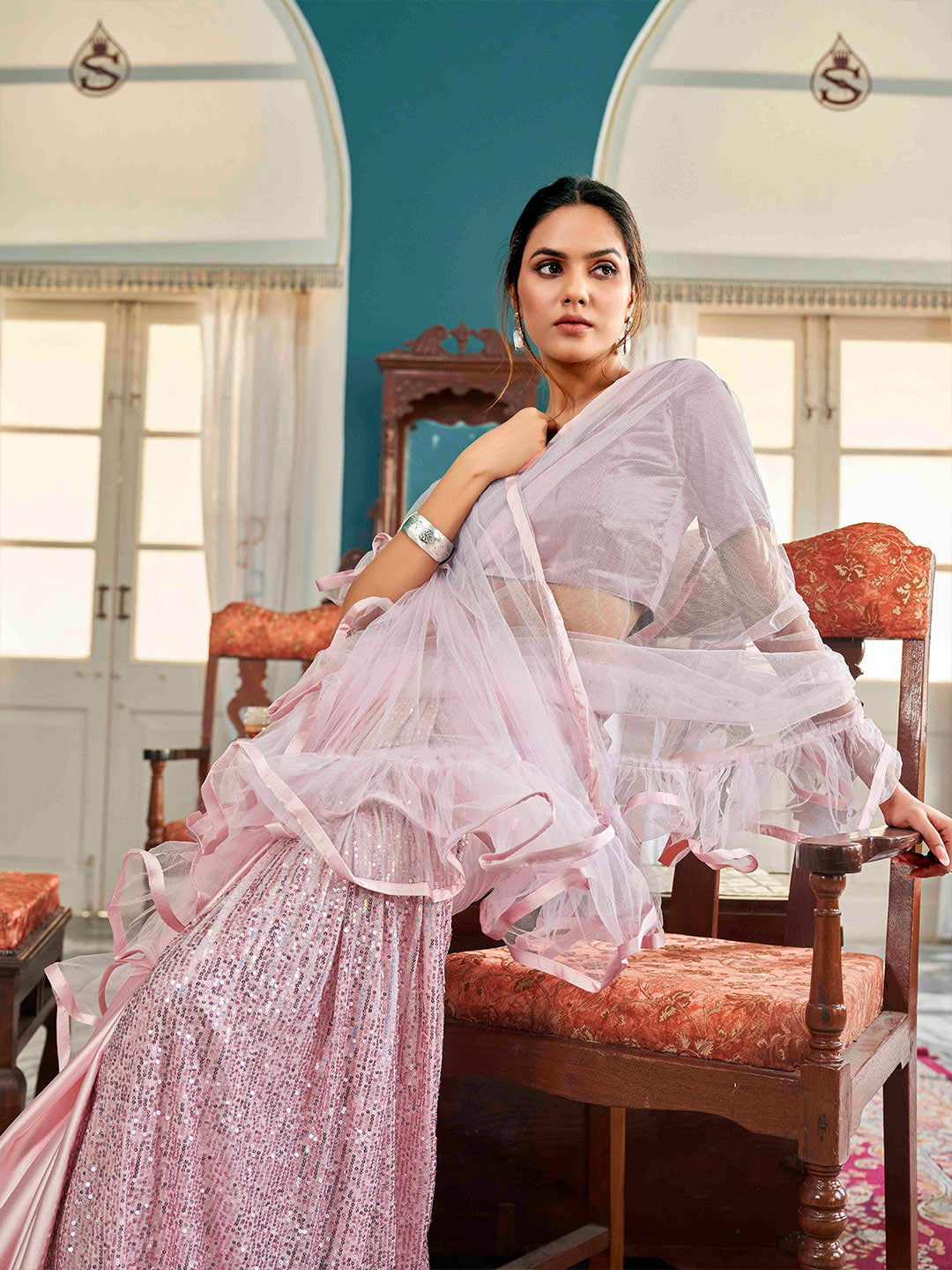 Tikhi Imli Floral Sequinned Satin Half and Half Saree | Swadesiicart