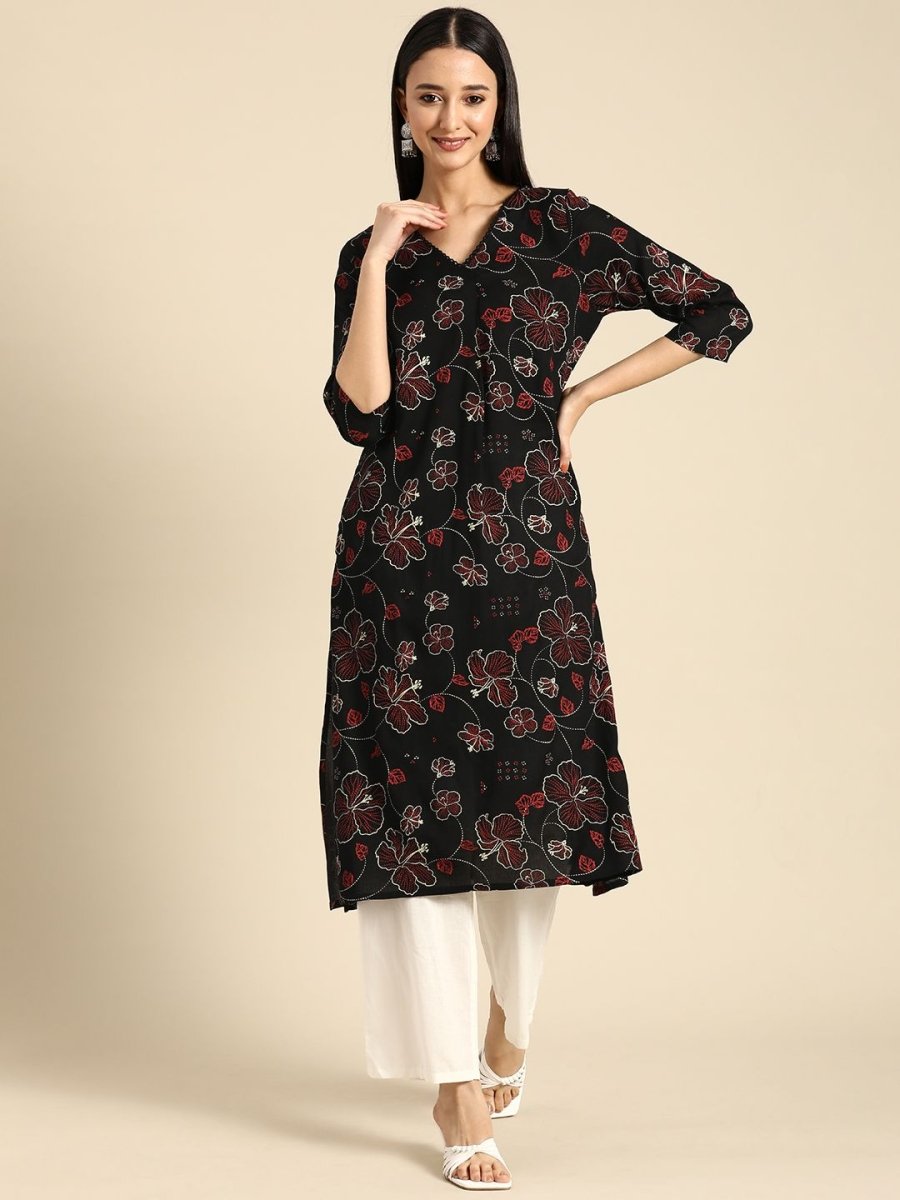 Anouk Women Floral Printed V Neck A-Line Kurta With Lace Detailing - Swadesiicart