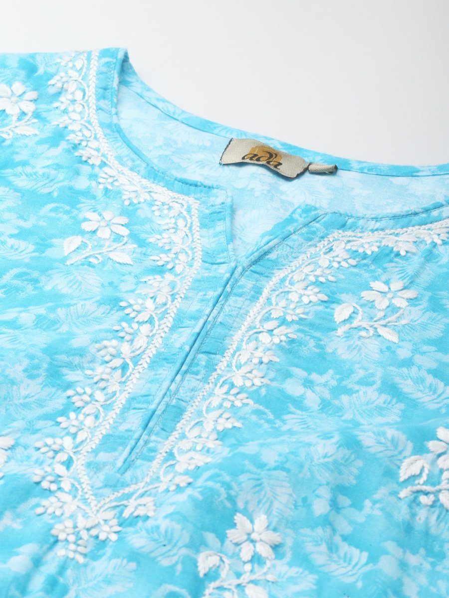 ADA Women Blue & White Floral Chikankari Cotton Handloom Kurta | Swadesiicart