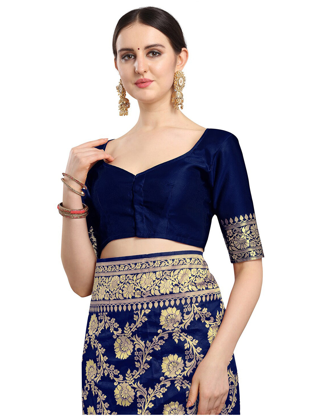 Kalini Navy Blue & Gold-Toned Woven Design Zari Silk Blend Fusion Banarasi Saree | Swadesiicart