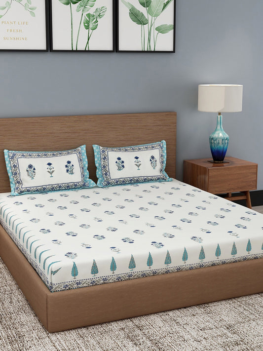 Rajasthan Decor Cream-Coloured & Blue Ethnic Motifs 180 TC Cotton 1 King Bedsheet with 2 Pillow Covers - Swadesiicart
