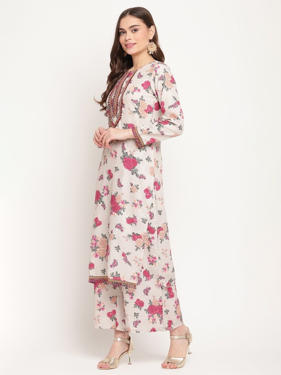 Ahalyaa Women Beige Floral Printed Regular Gotta Patti Kurta with Palazzos & With Dupatta | Swadesiicart