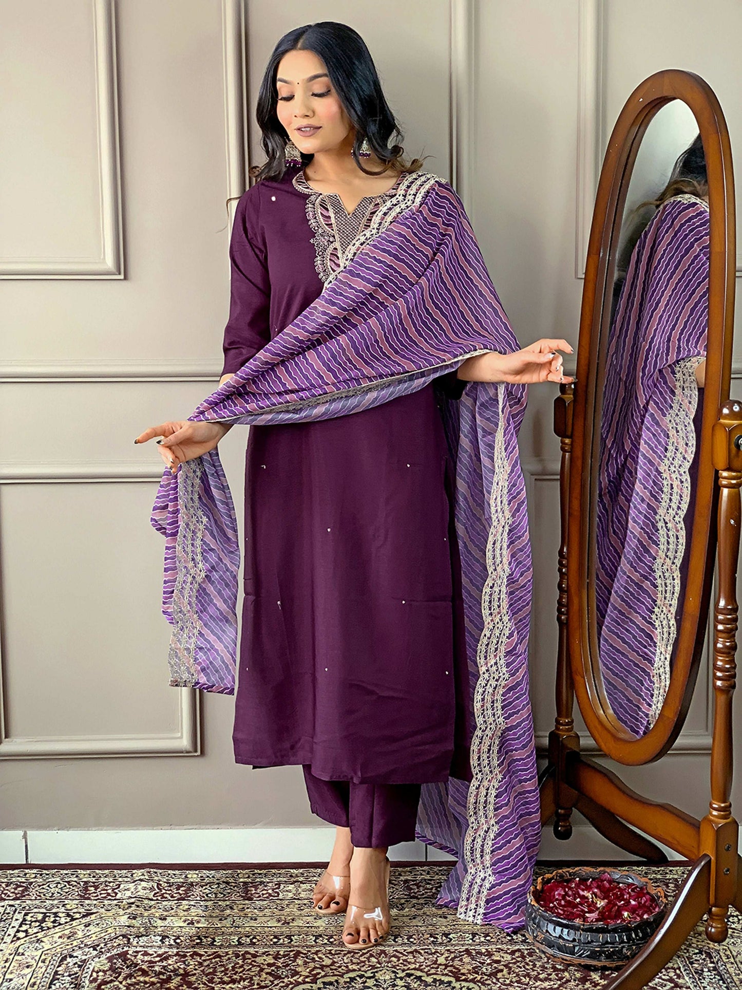 Partywear Designer Viscose Silk Wine Stitched Suit With Dupatta - Tanisha | Swadesiicart