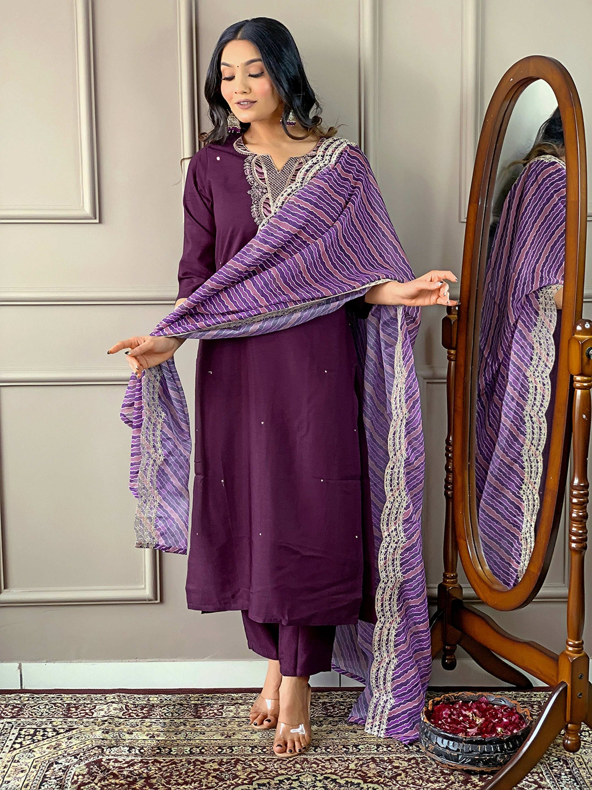 Partywear Designer Viscose Silk Wine Stitched Suit With Dupatta - Tanisha | Swadesiicart