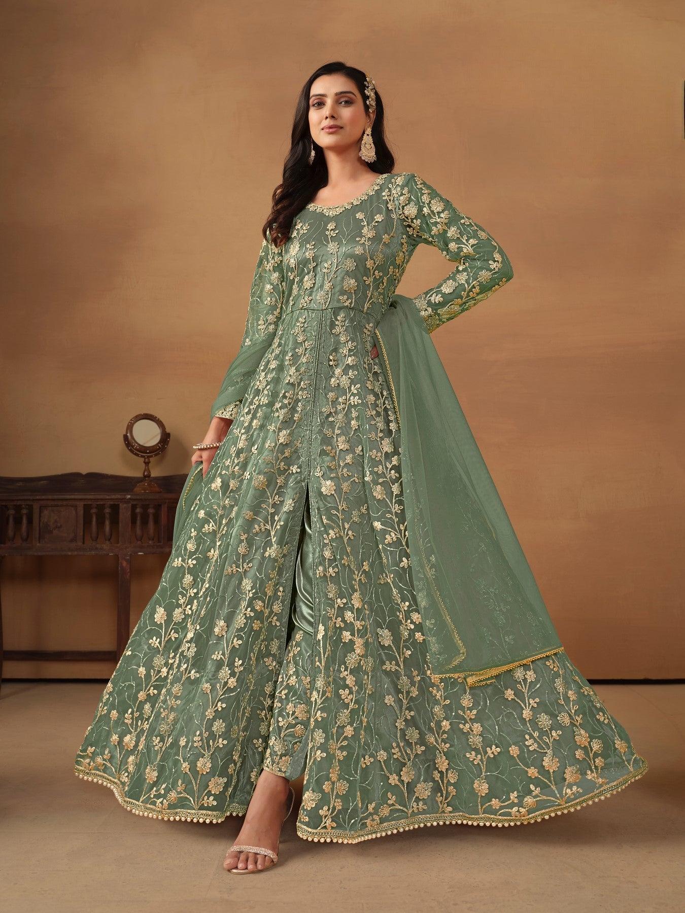Anaita Green Embroidered Net Anarkali Suit