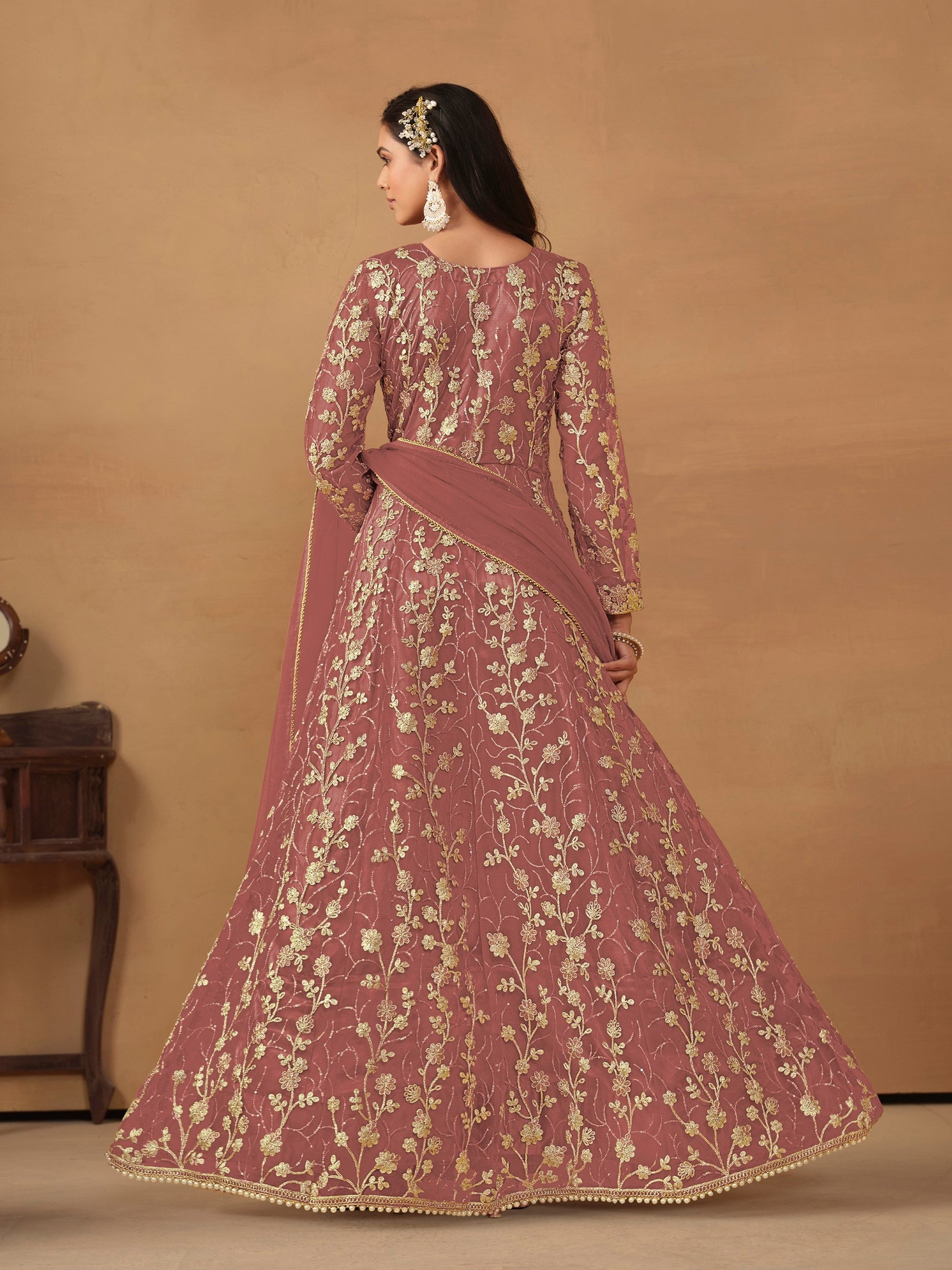 Anaita Peach Embroidered Butterfly Net Anarkali Suit