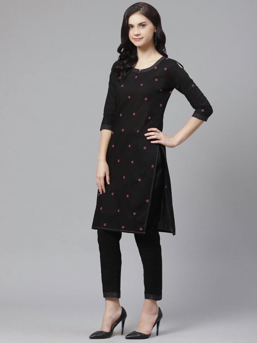 ADA Women Black & Pink Chikankari Embroidered Sustainable Handloom Kurta with Trousers | Swadesiicart
