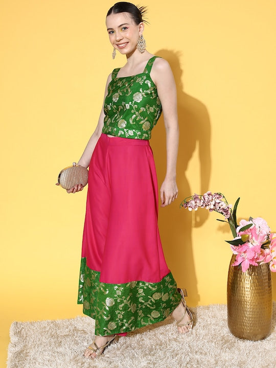 InWeave Women's Green Brocade Strappy Top W Fuchsia Green Brocade Palazzo Set - Swadesiicart