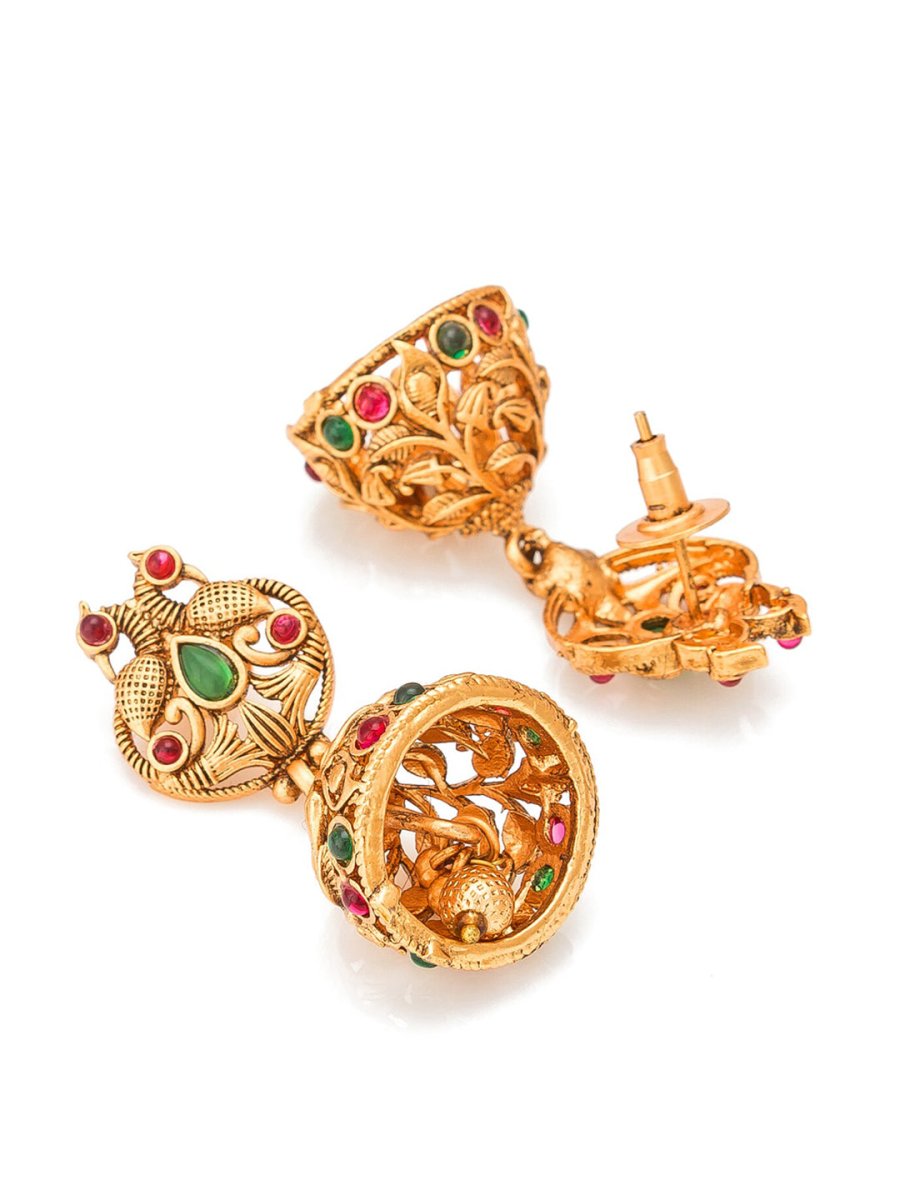 Aadita Gold-Polished Green & Pink Stone-Studded & Pearl Beaded Jewellery Set - Swadesiicart