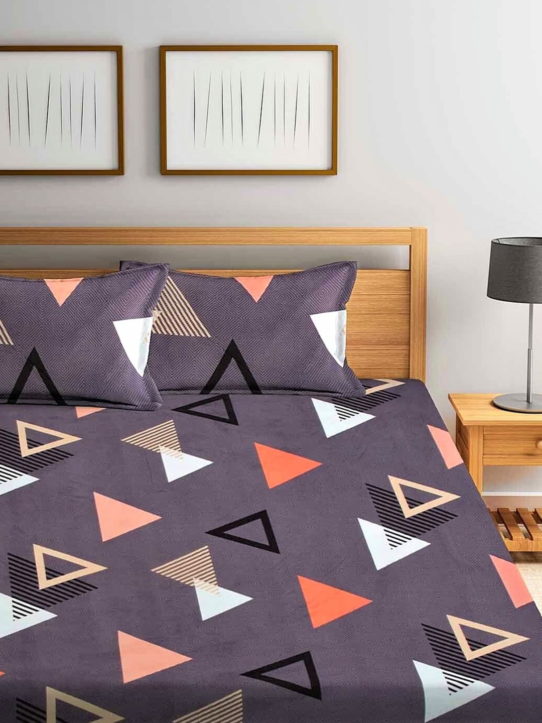 Home Sizzler Purple Geometric 210 TC Cotton 1 Double Queen Bedsheet With 2 Pillow Covers - Swadesiicart