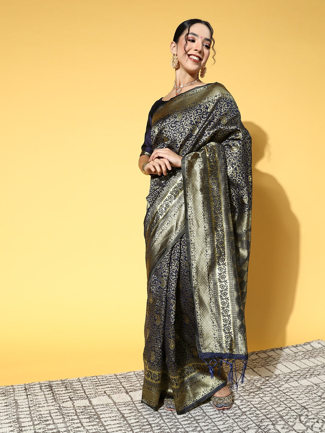 Saree Mall Navy Blue & Gold-Toned Ethnic Motifs Zari Silk Blend Banarasi Sarees | Swadesiicart