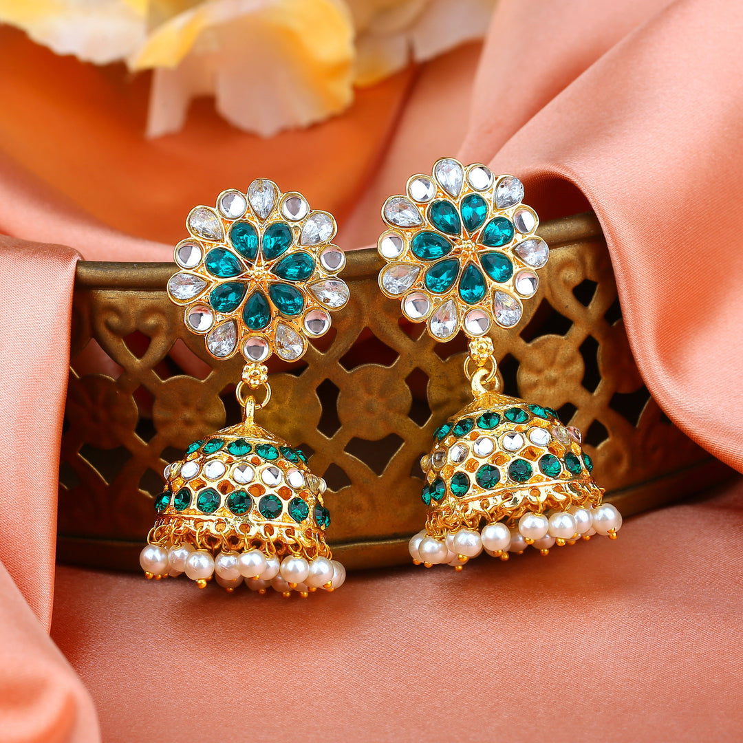 Estele Gold-Polished Traditional Flower Designer Meenakari Jhumka Earrings With Green & White Crystals for Women - Swadesiicart