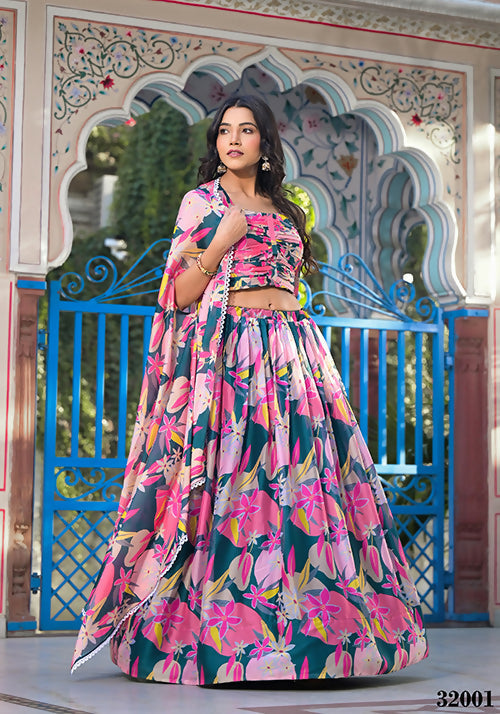 Wedding Partywear Green with Pink Slim Georgette Lehenga Choli with Shrug- Shehnaaz - Swadesiicart