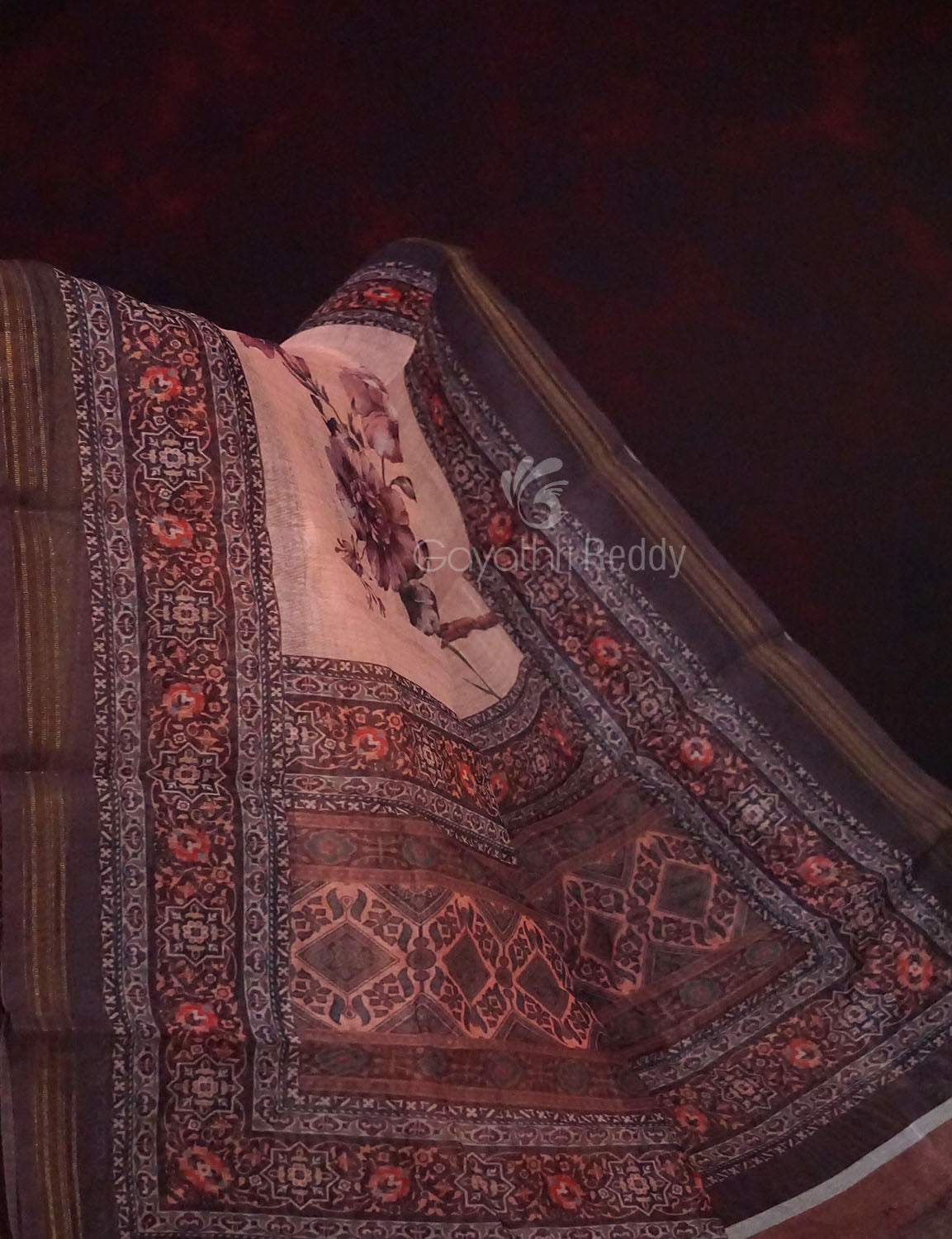 Light Peach Colour Printed Semi Chanderi Saree By Gayathri Reddy Designer Studio | Swadesiicart