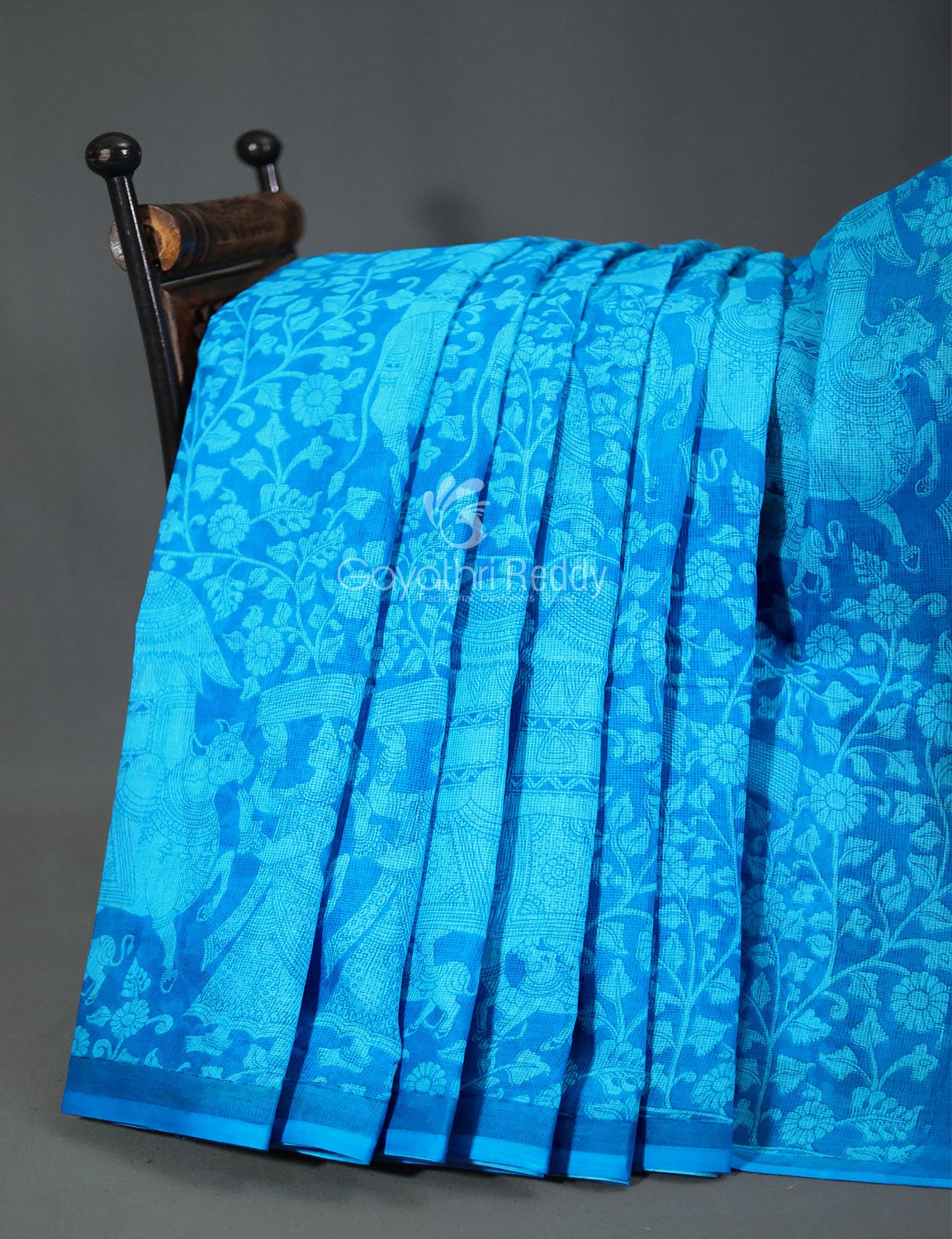 Sky Blue Kalamkaari Print Munga Cotton Saree By Gayathri Reddy Designer Studio | Swadesiicart