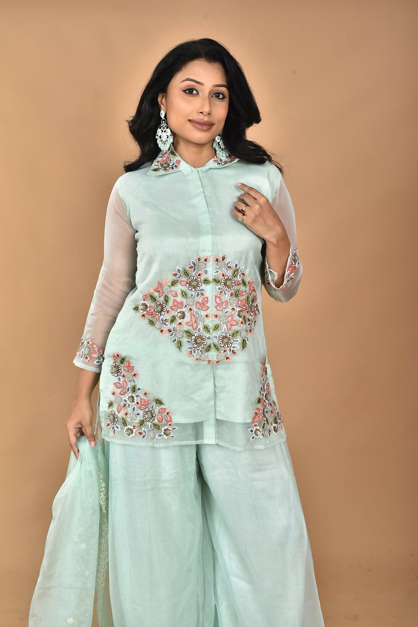 Morchari Women And Hand Embroidery Palazzo Set-Sea Green - Swadesiicart