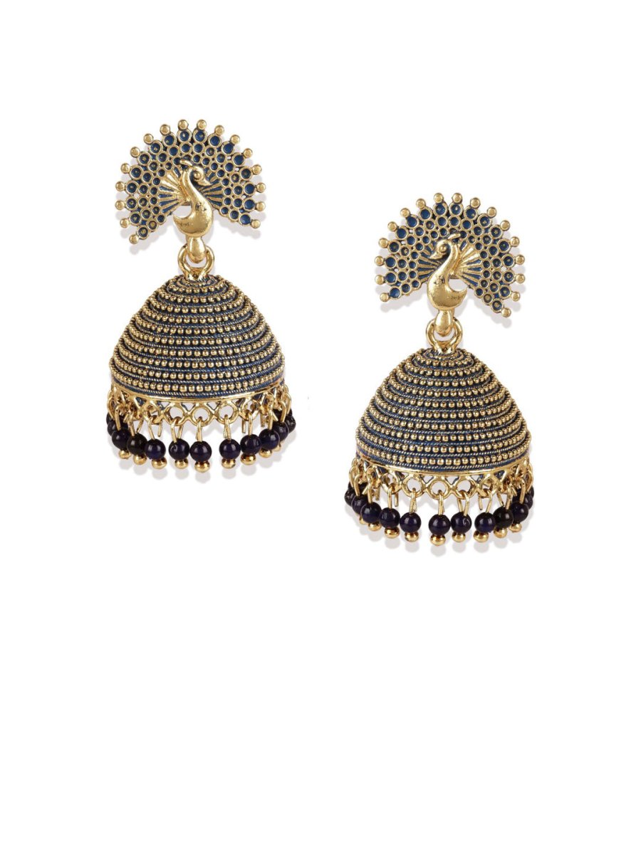 Anikas Creation Gold-Polished & Blue Enamelled Peacock Shaped Jhumkas - Swadesiicart